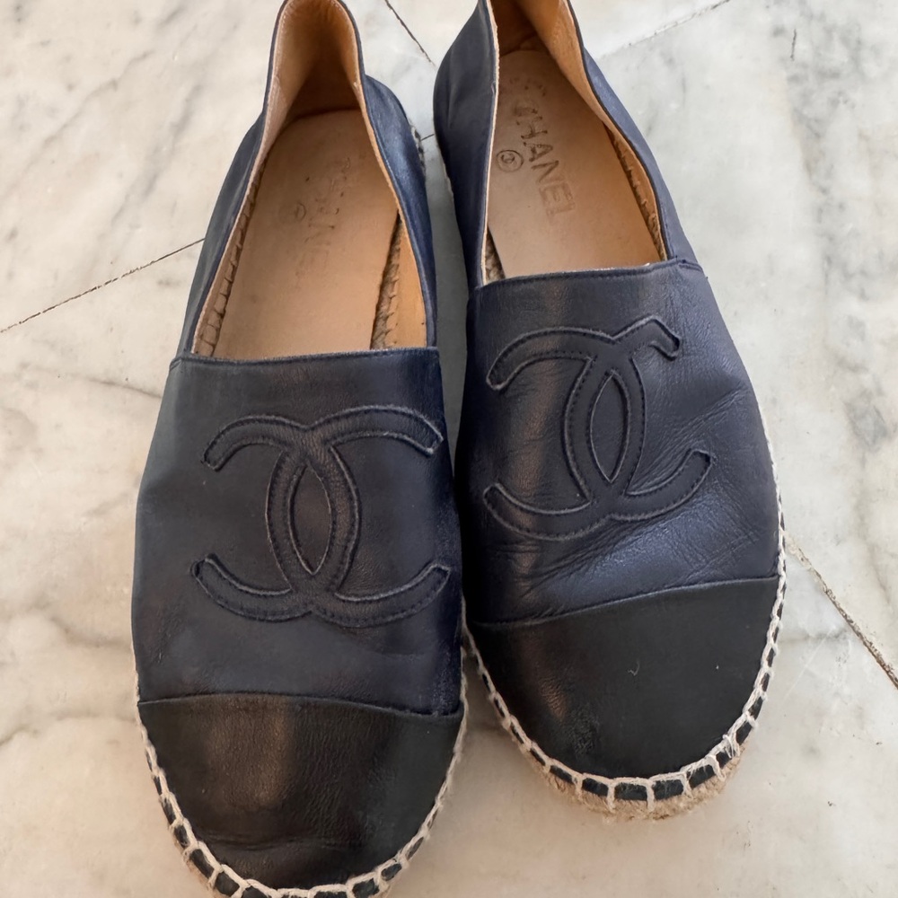 CHANEL Dark Blue Leather Espadrilles